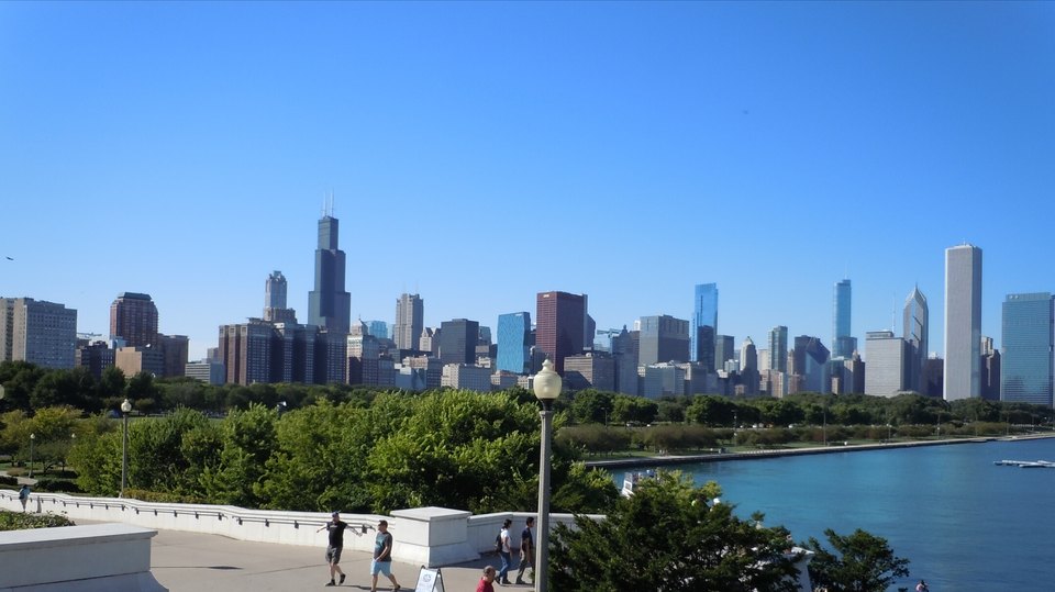 Chicago skyline beyond trees and the lakefront